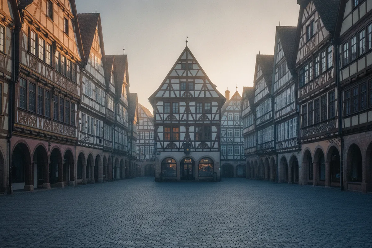 Historischer Altstadtmarktplatz mit Fachwerkhäusern im Abendlicht — sinnbildlich für das UNESCO-Welterbe Weimar