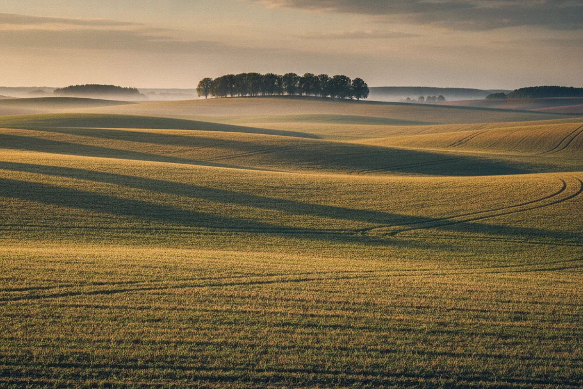 Weite Felder des Thüringer Beckens im goldenen Abendlicht — sinnbildlich für die ländliche Wirtschaftsregion rund um Suhl und Schmalkalden