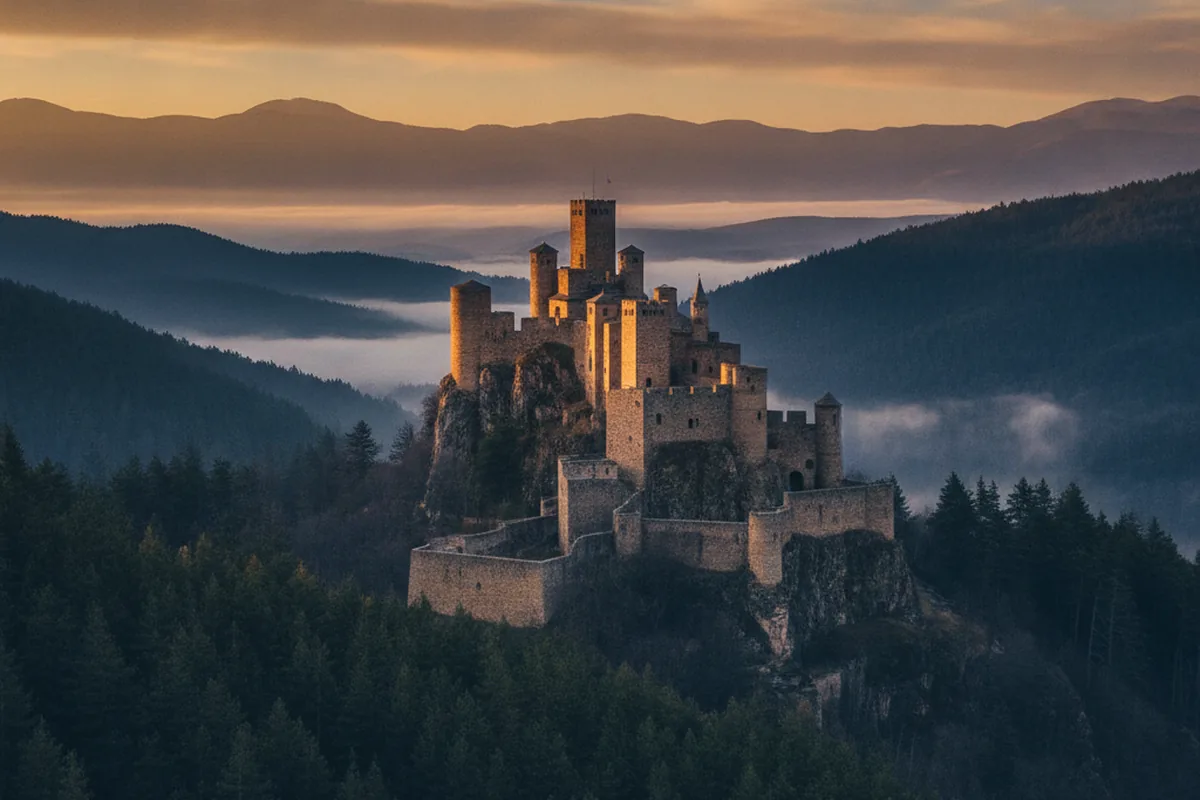 Mittelalterliche Burg auf bewaldeten Hügeln im goldenen Abendlicht — sinnbildlich für die Wartburg und den Automotive-Standort Eisenach